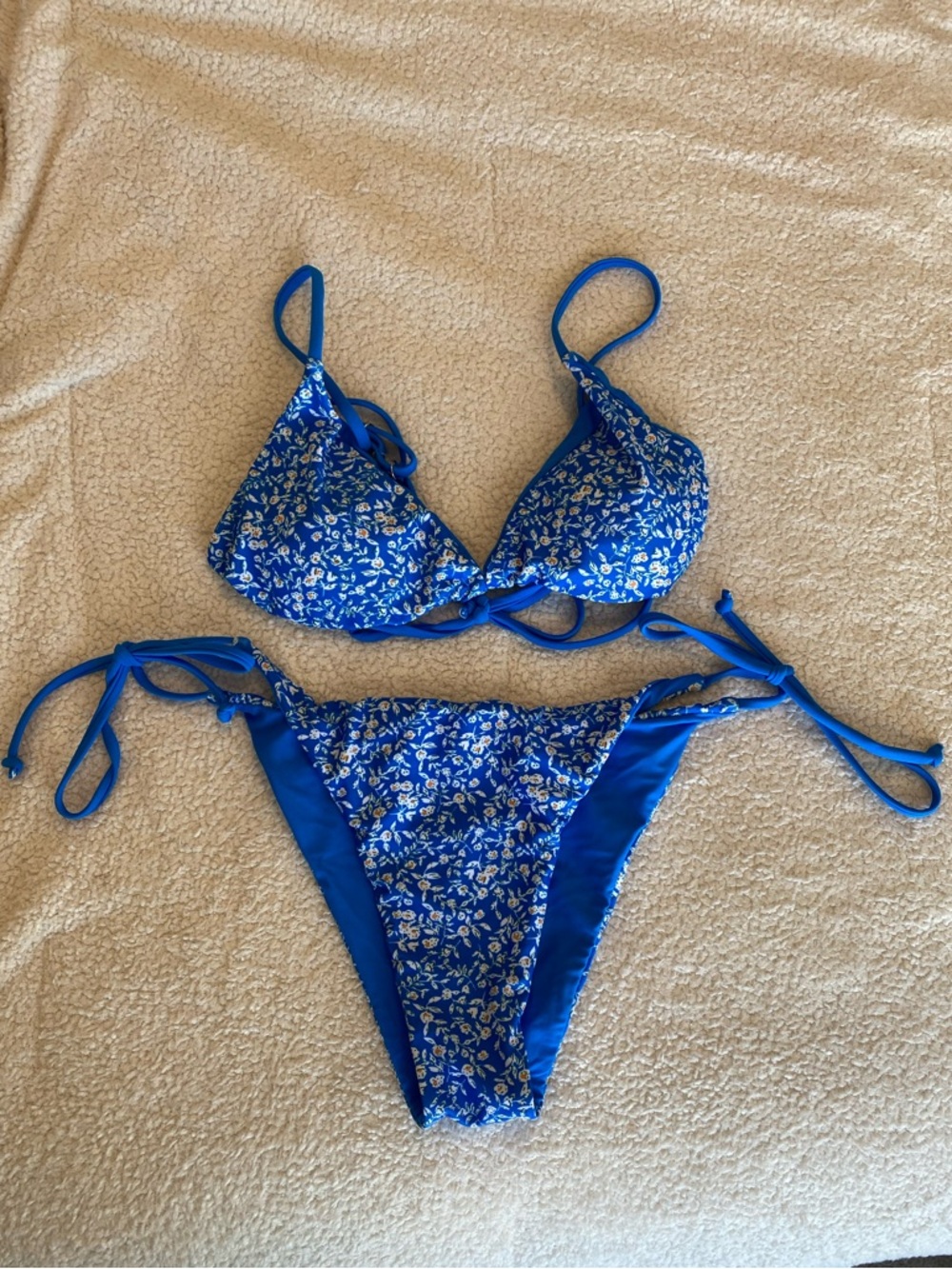 ZAFUL Blue Floral Bikini Set Tie Side Bottoms Size
